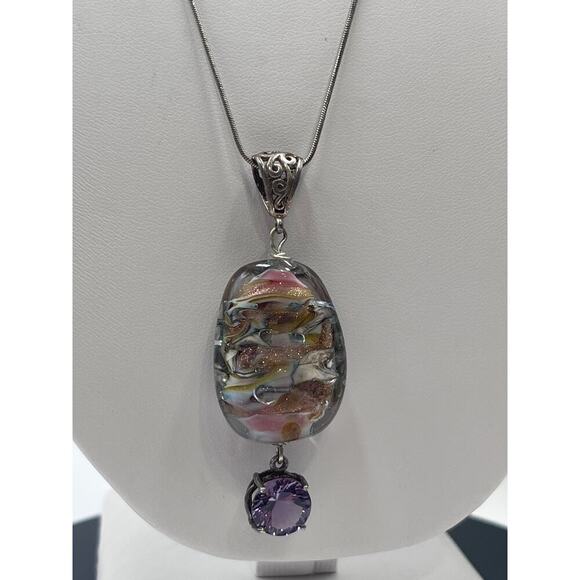 Sterling Silver Pink Gold Art Glass Helix Solitaire Amethyst Pendant Necklace - Picture 11 of 11